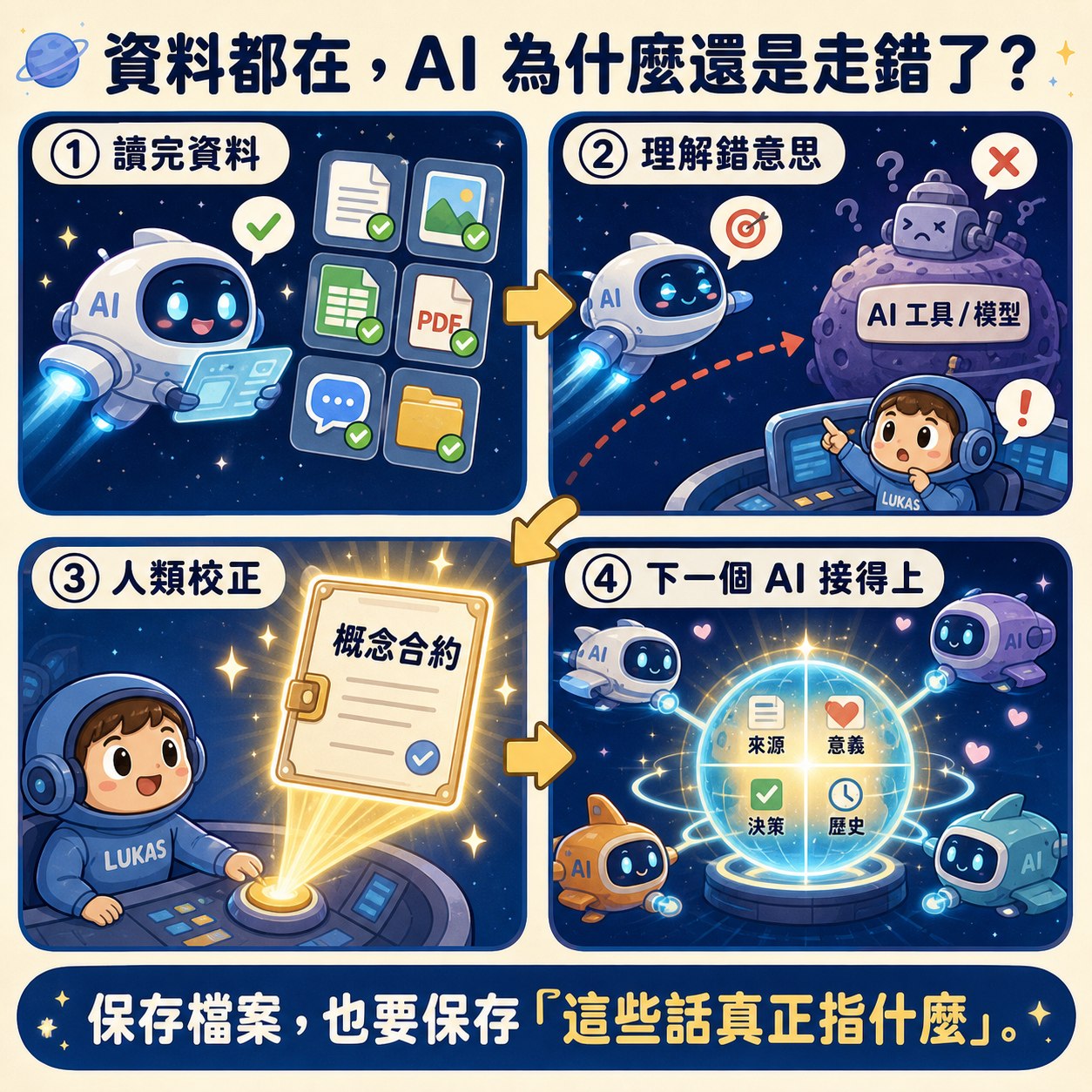 可愛星際四格圖，AI 讀完資料後飛向錯誤的工具星球，經人類用概念合約校正，最後抵達保存來源、意義、決策與歷史的脈絡核心