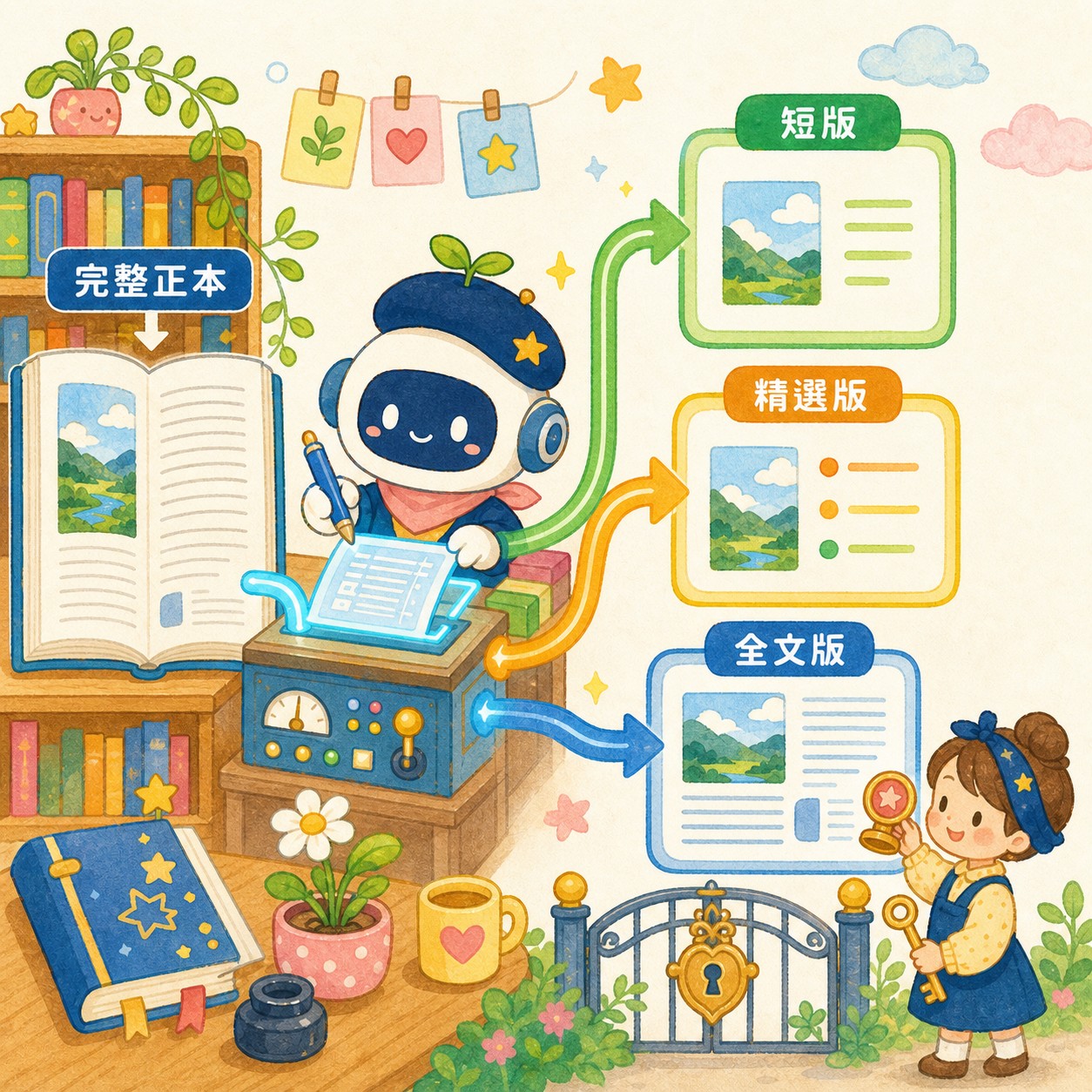 完整文章經 AI 工作台轉換成短版、精選版與全文版，再由人類決定核准哪個版本